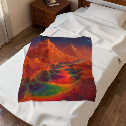 The Current Remembers velveteen plush blanket, 30 × 40 in with a luminous winding current and orange mountains beneath a starry sky