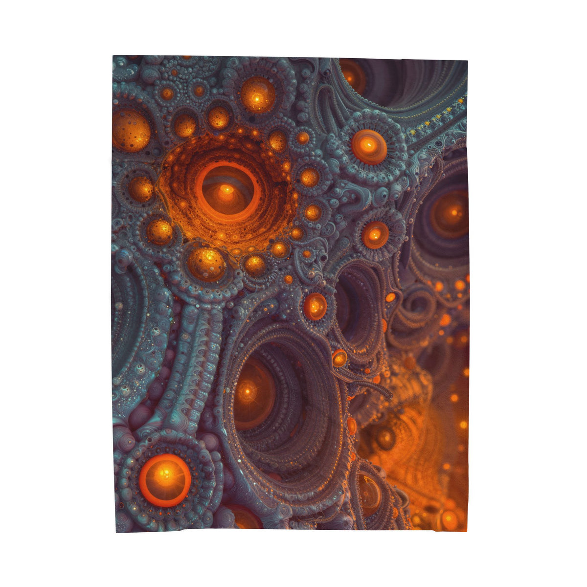The Architecture of Inner Light — Velveteen Plush Blanket, 60 × 80 in — glowing amber chambers in intricate blue-gray and violet structures