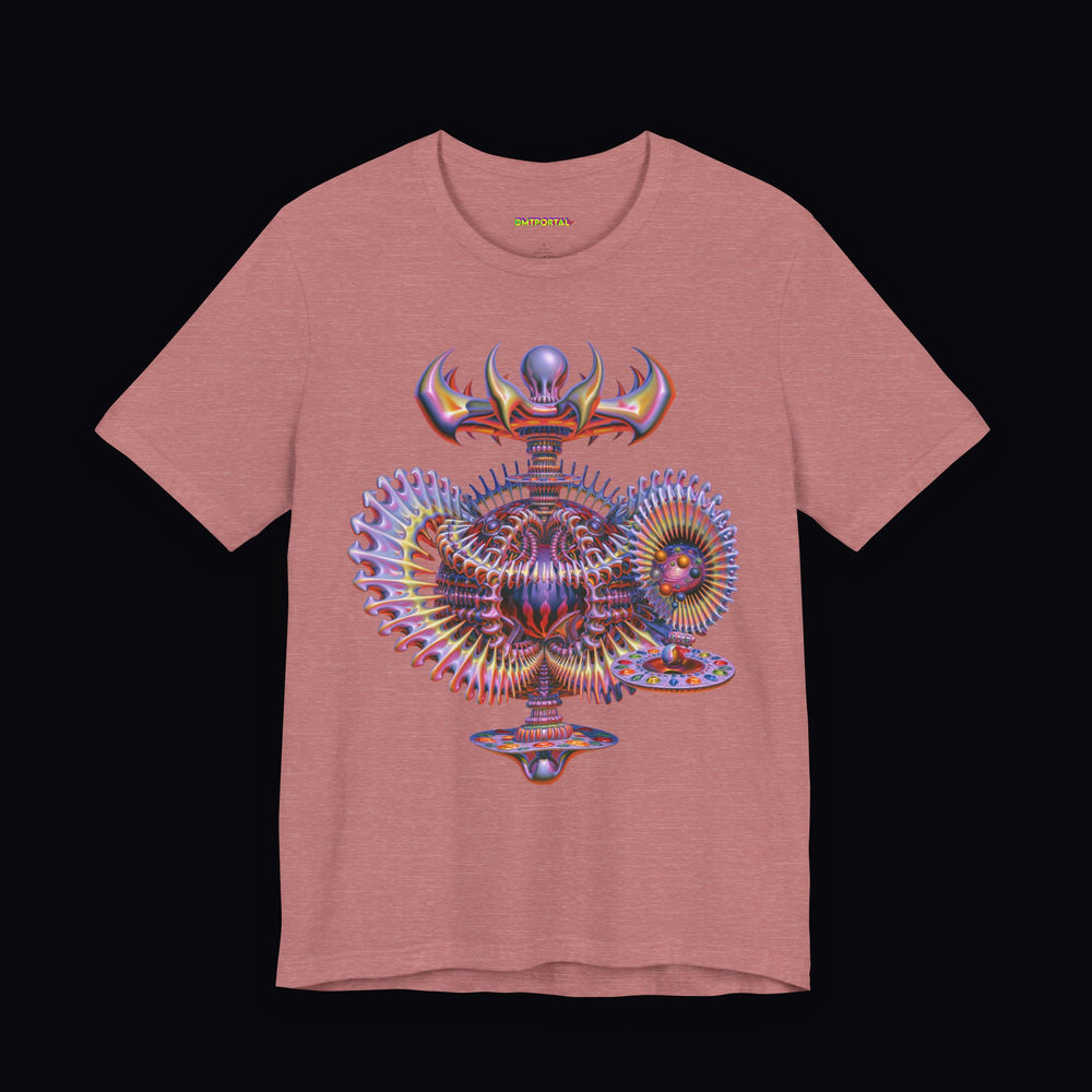 Iridescent radiating artifact with delicate ribs on a Heather Mauve DMTPORTAL T-shirt