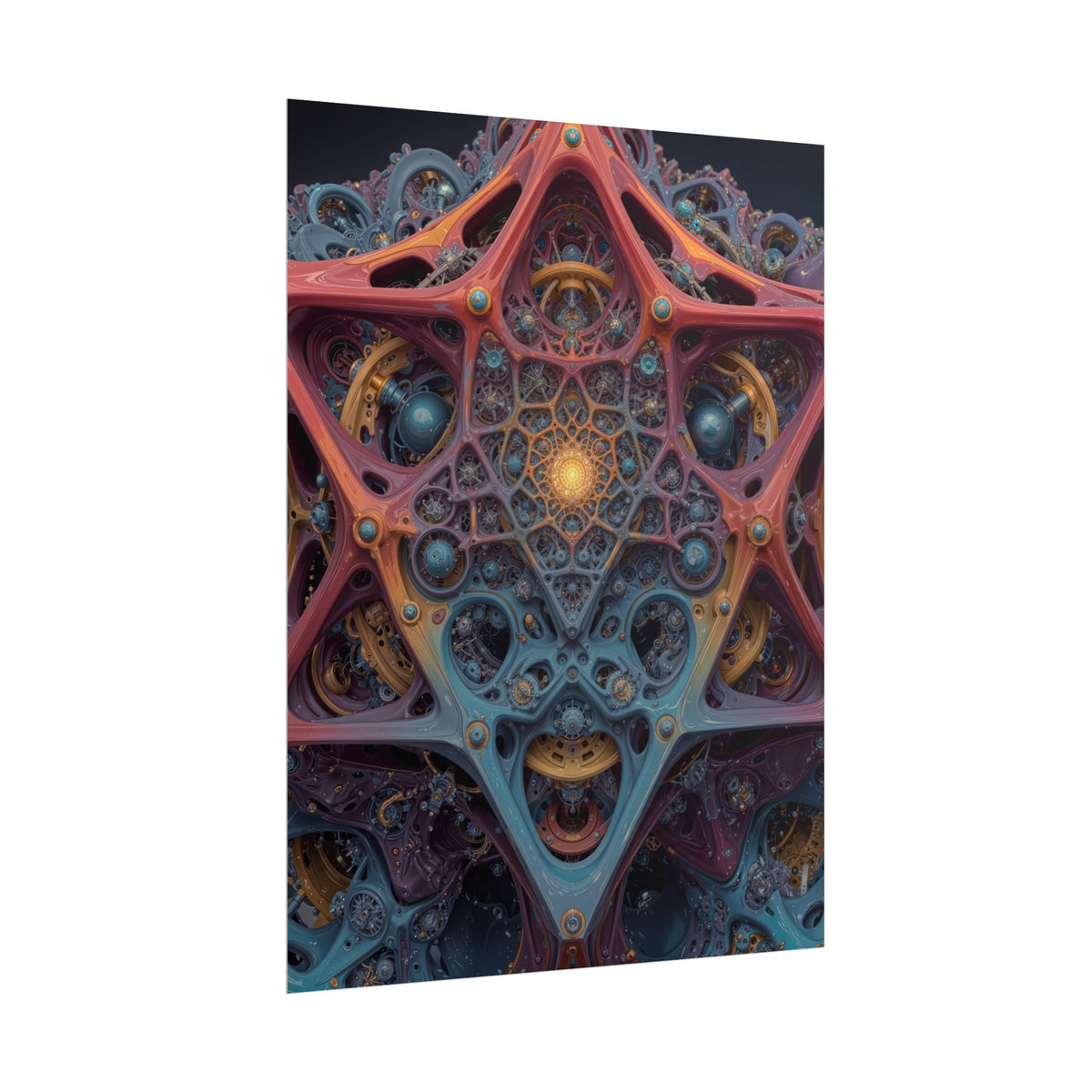 The Geometry of Surrender — Rolled Art Print, 18 × 24 in — interlocking coral and blue forms around a golden center