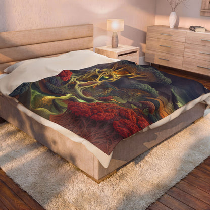 The Quiet Architecture of Becoming — Velveteen Plush Blanket, 60 × 80 in — luminous lattice trees and coral groves beside a winding river