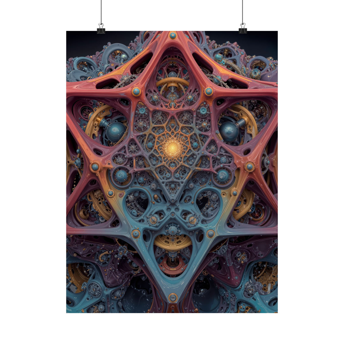 The Geometry of Surrender — Matte Art Poster, 18 × 24 in — interlocking coral and blue forms around a golden center