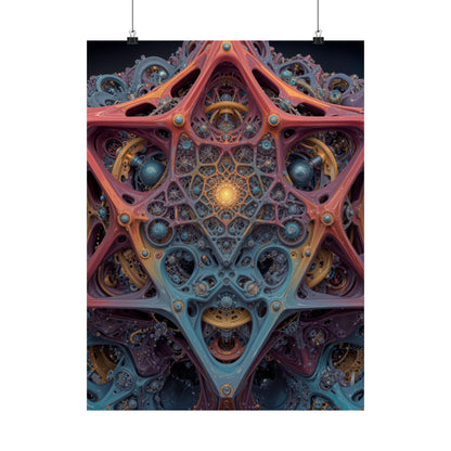 The Geometry of Surrender — Matte Art Poster, 18 × 24 in — interlocking coral and blue forms around a golden center