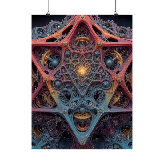 The Geometry of Surrender — Matte Art Poster, 18 × 24 in — interlocking coral and blue forms around a golden center