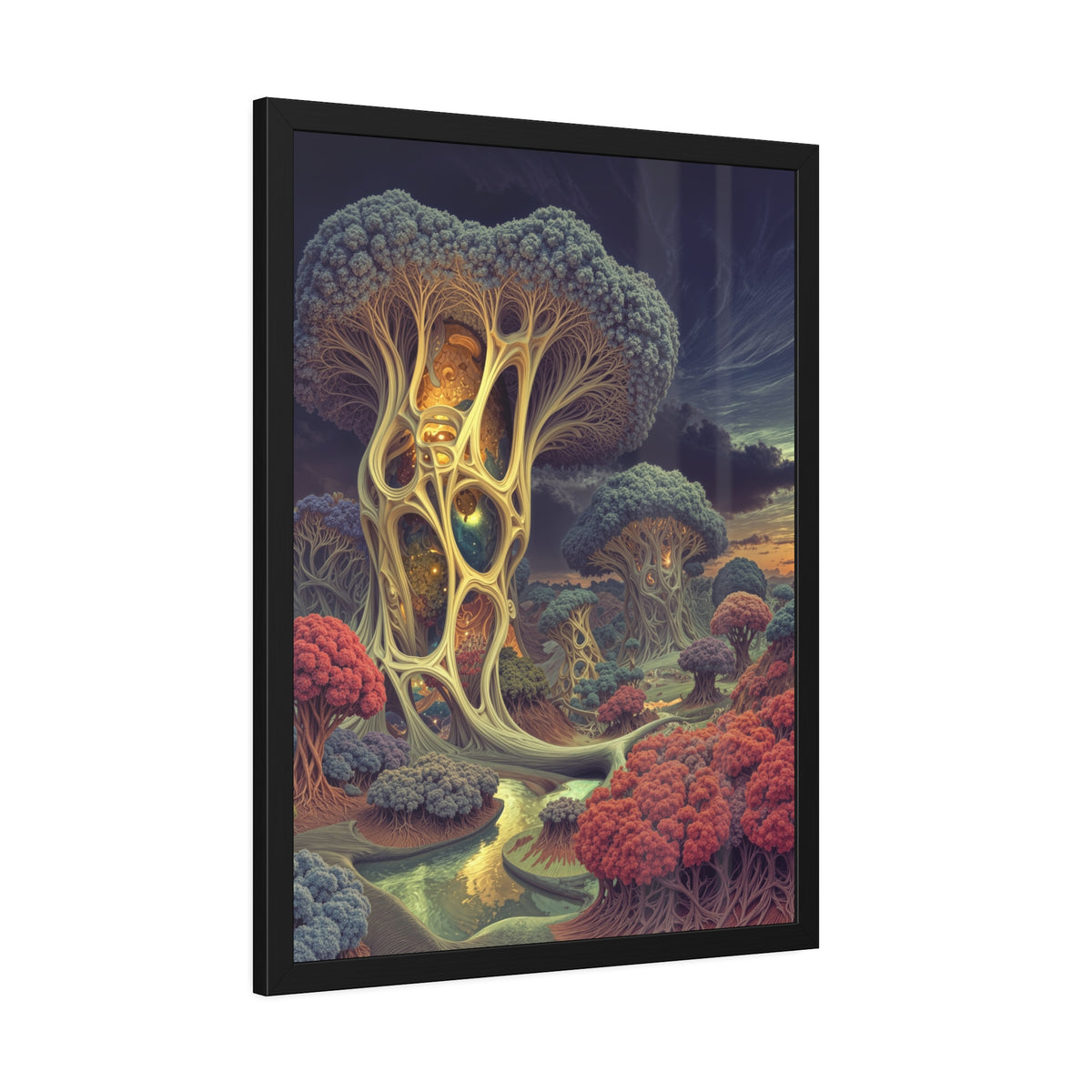 The Quiet Architecture of Becoming — Framed Fine Art Print, 24 × 32 in — luminous lattice trees and coral groves beside a winding river