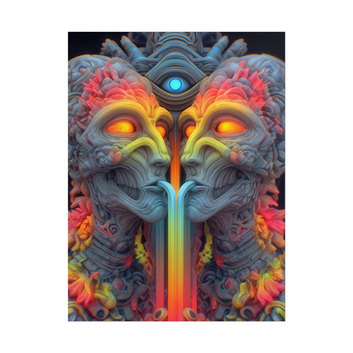 Where the Mirror Becomes a River — Rolled Art Print, 18 × 24 in — mirrored faces with glowing eyes and a shared stream of color