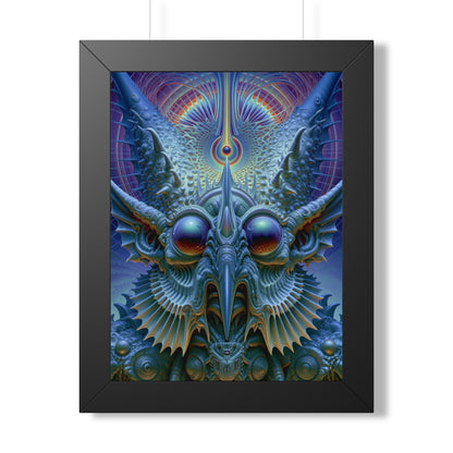 The Threshold That Refines — Black Framed Print, 12 × 16 in — a symmetrical blue guardian with reflective eyes, pointed horns and intricate geometry