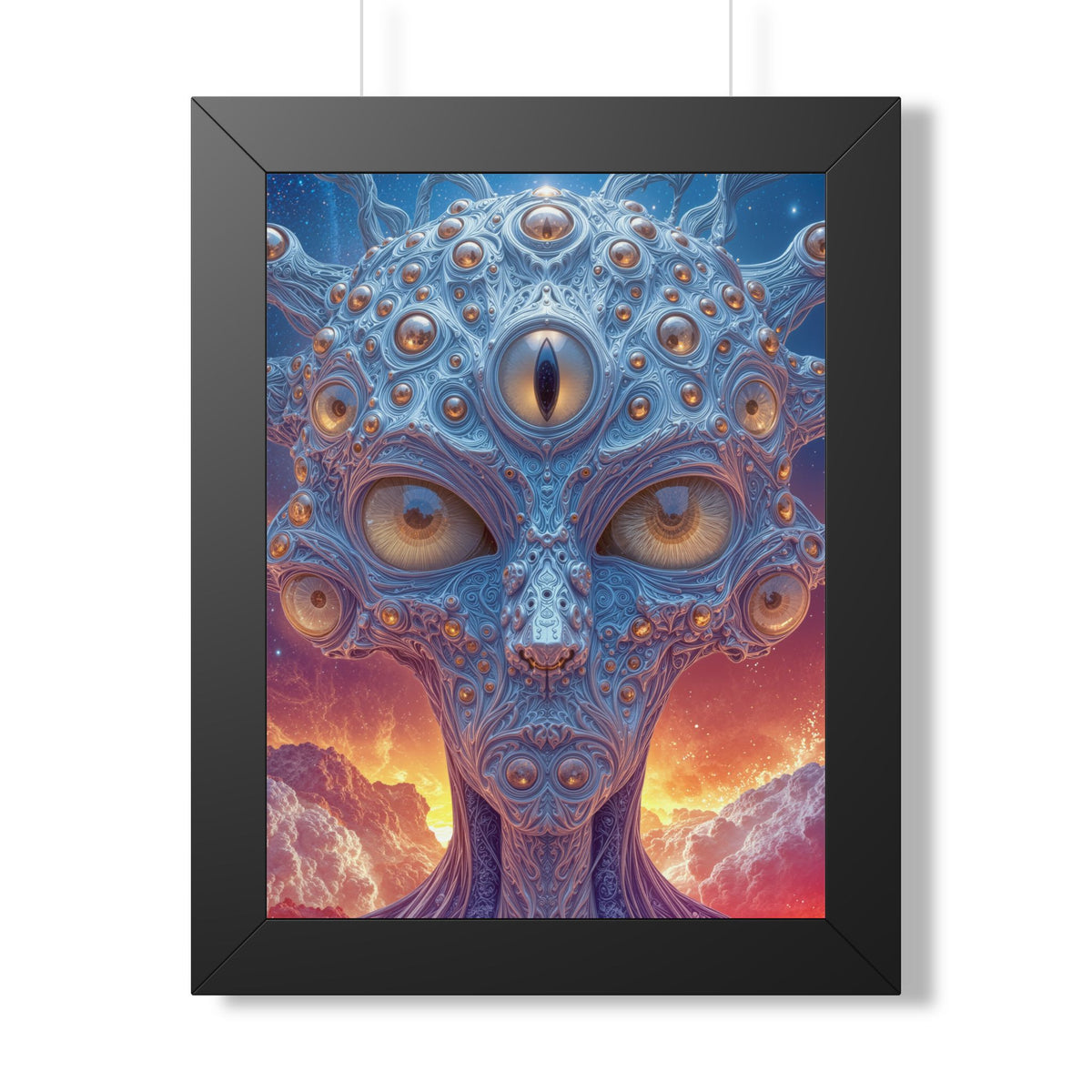 The Horizon Within the Gaze — Black Framed Print, 12 × 16 in — intricate blue figure with amber eyes above luminous clouds