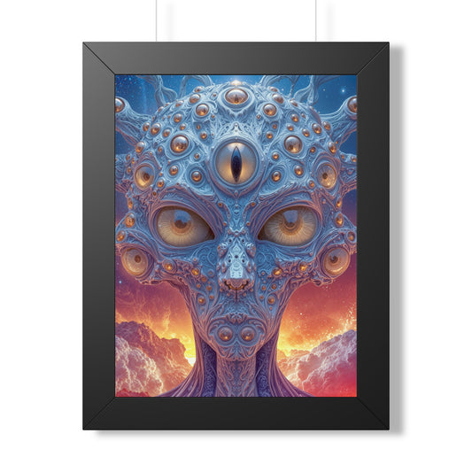 The Horizon Within the Gaze — Black Framed Print, 12 × 16 in — intricate blue figure with amber eyes above luminous clouds