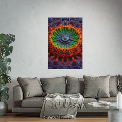 The Center Is a Choreography — Large Matte Poster, 32 × 48 in — orange and lime radial machinery with a violet core