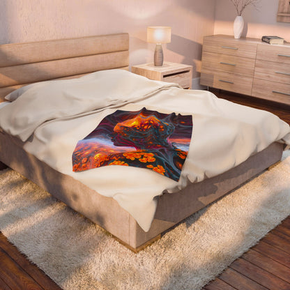 The Mind Becomes a Sun velveteen plush blanket, 30 × 40 in with a glowing golden head amid flowing blue and violet forms