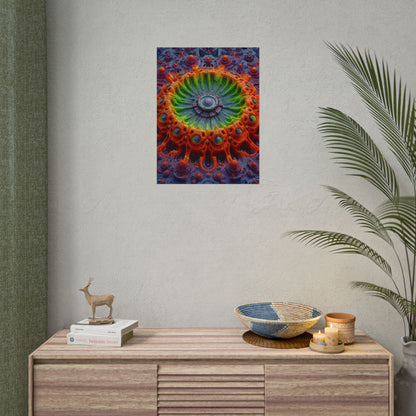 The Center Is a Choreography — Rolled Art Print, 18 × 24 in — orange and lime radial machinery with a violet core