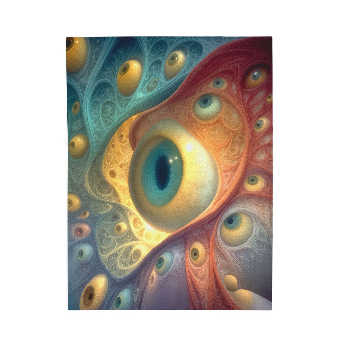 A Chorus of Seeing 30 × 40 inch velveteen plush blanket with golden eyes and flowing teal, red and amber artwork