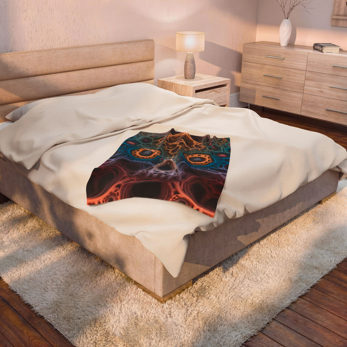 The Cathedral of Becoming — Velveteen Plush Blanket, 30 × 40 in — intricate lattice skull in teal, rose and gold