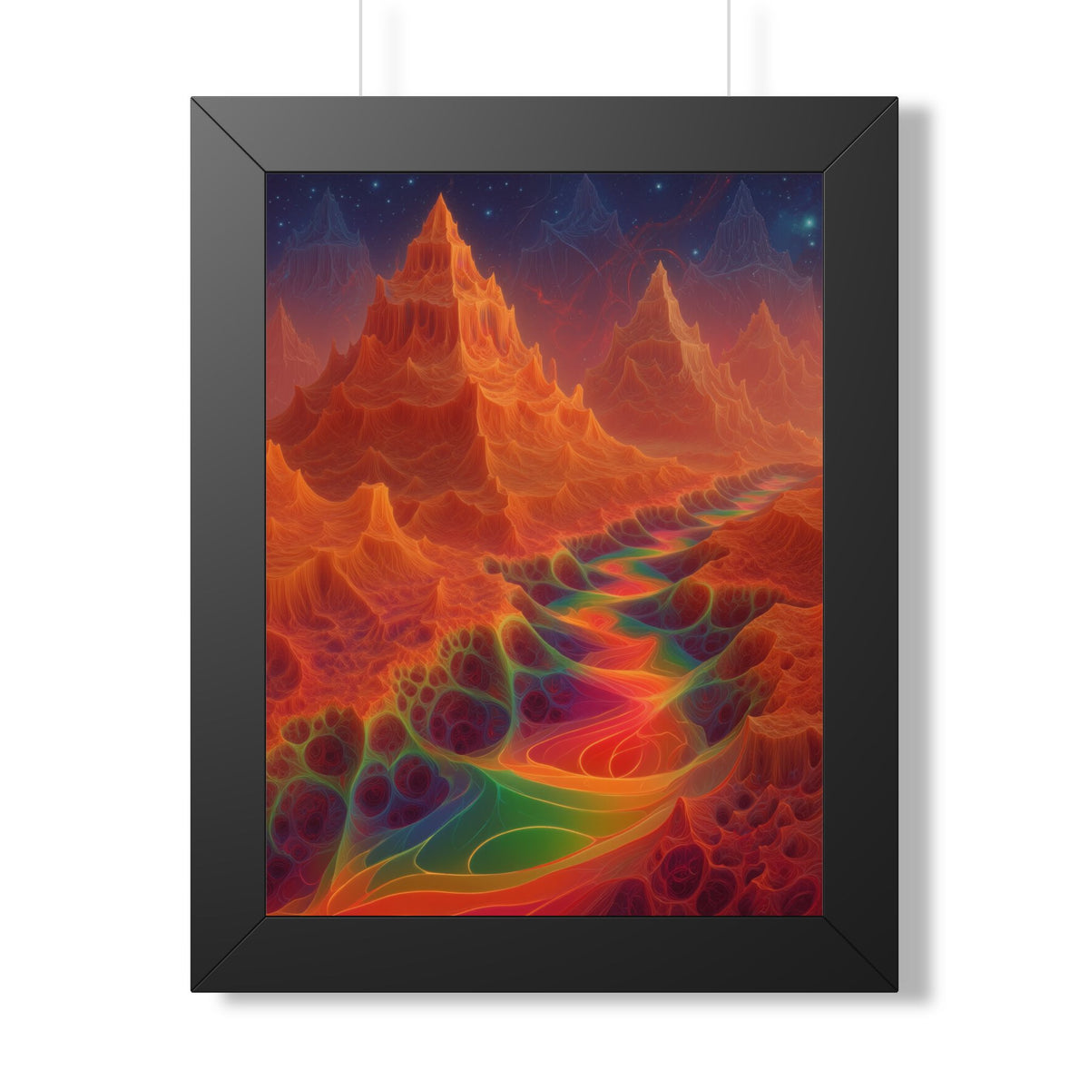 The Current Remembers black framed print, 12 × 16 in with a luminous winding current and orange mountains beneath a starry sky