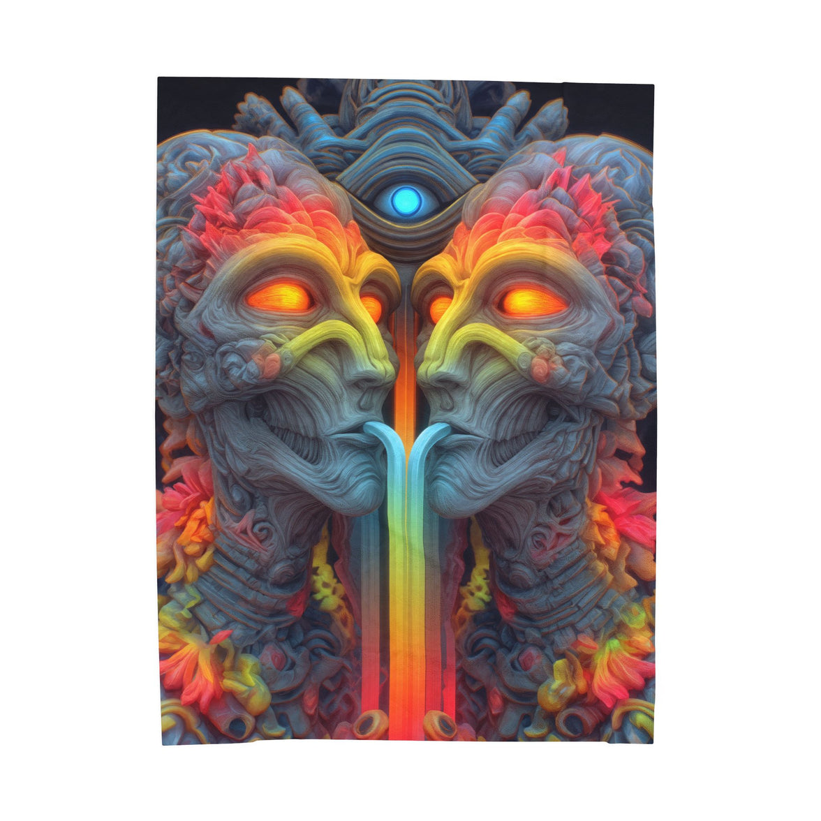 Where the Mirror Becomes a River — Velveteen Plush Blanket, 60 × 80 in — mirrored faces with glowing eyes and a shared stream of color