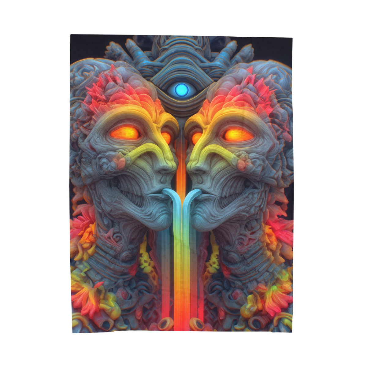 Where the Mirror Becomes a River — Velveteen Plush Blanket, 60 × 80 in — mirrored faces with glowing eyes and a shared stream of color
