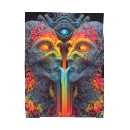 Where the Mirror Becomes a River — Velveteen Plush Blanket, 60 × 80 in — mirrored faces with glowing eyes and a shared stream of color