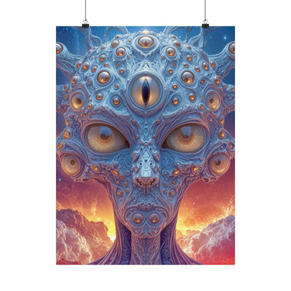 The Horizon Within the Gaze — Matte Art Poster, 18 × 24 in — intricate blue figure with amber eyes above luminous clouds