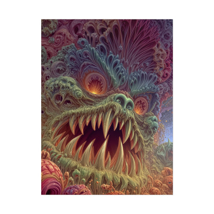 Where Fear Becomes a Passage — Rolled Art Print, 18 × 24 in — fanged creature with glowing eyes amid sage and mauve organic forms