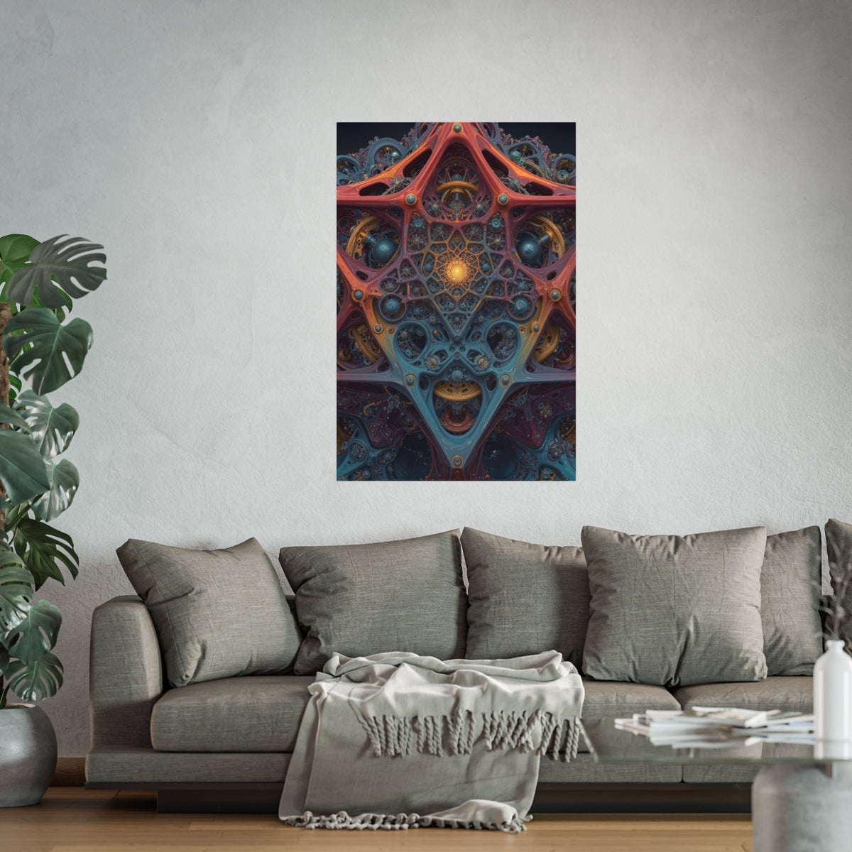 The Geometry of Surrender — Large Matte Poster, 32 × 48 in — interlocking coral and blue forms around a golden center