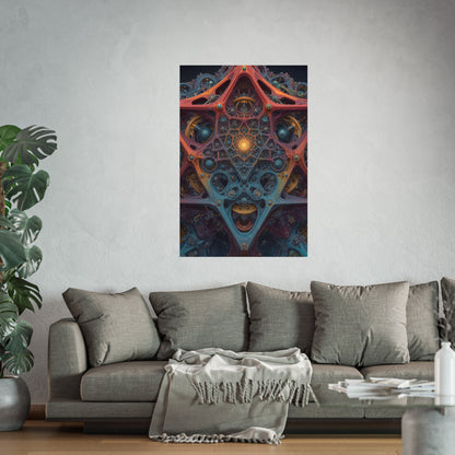 The Geometry of Surrender — Large Matte Poster, 32 × 48 in — interlocking coral and blue forms around a golden center