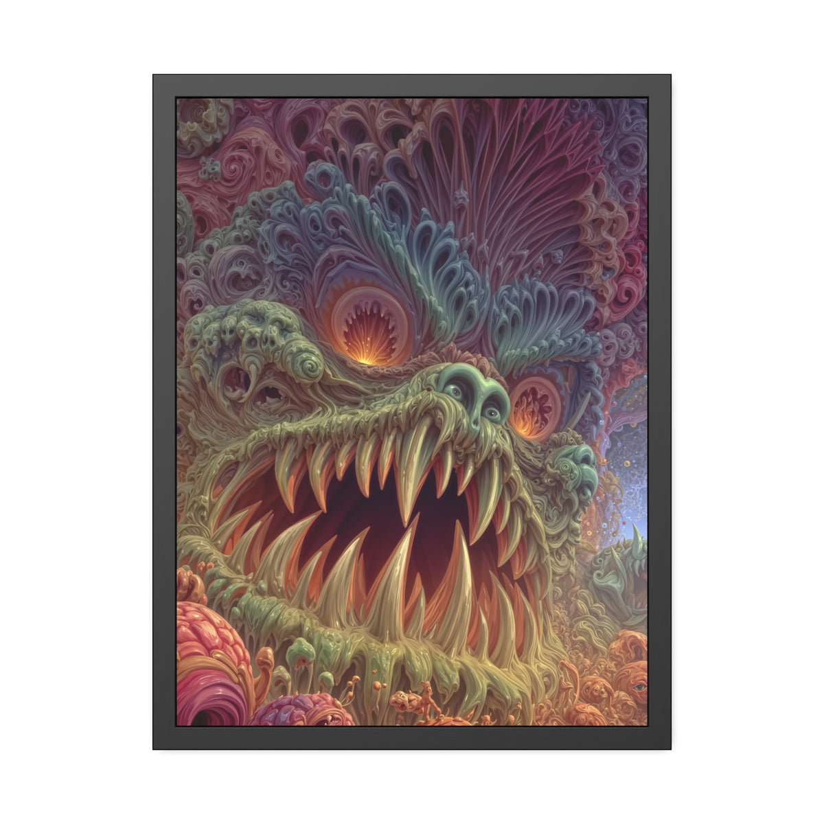 Where Fear Becomes a Passage — Framed Fine Art Print, 24 × 32 in — fanged creature with glowing eyes amid sage and mauve organic forms