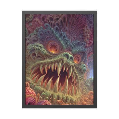 Where Fear Becomes a Passage — Framed Fine Art Print, 24 × 32 in — fanged creature with glowing eyes amid sage and mauve organic forms