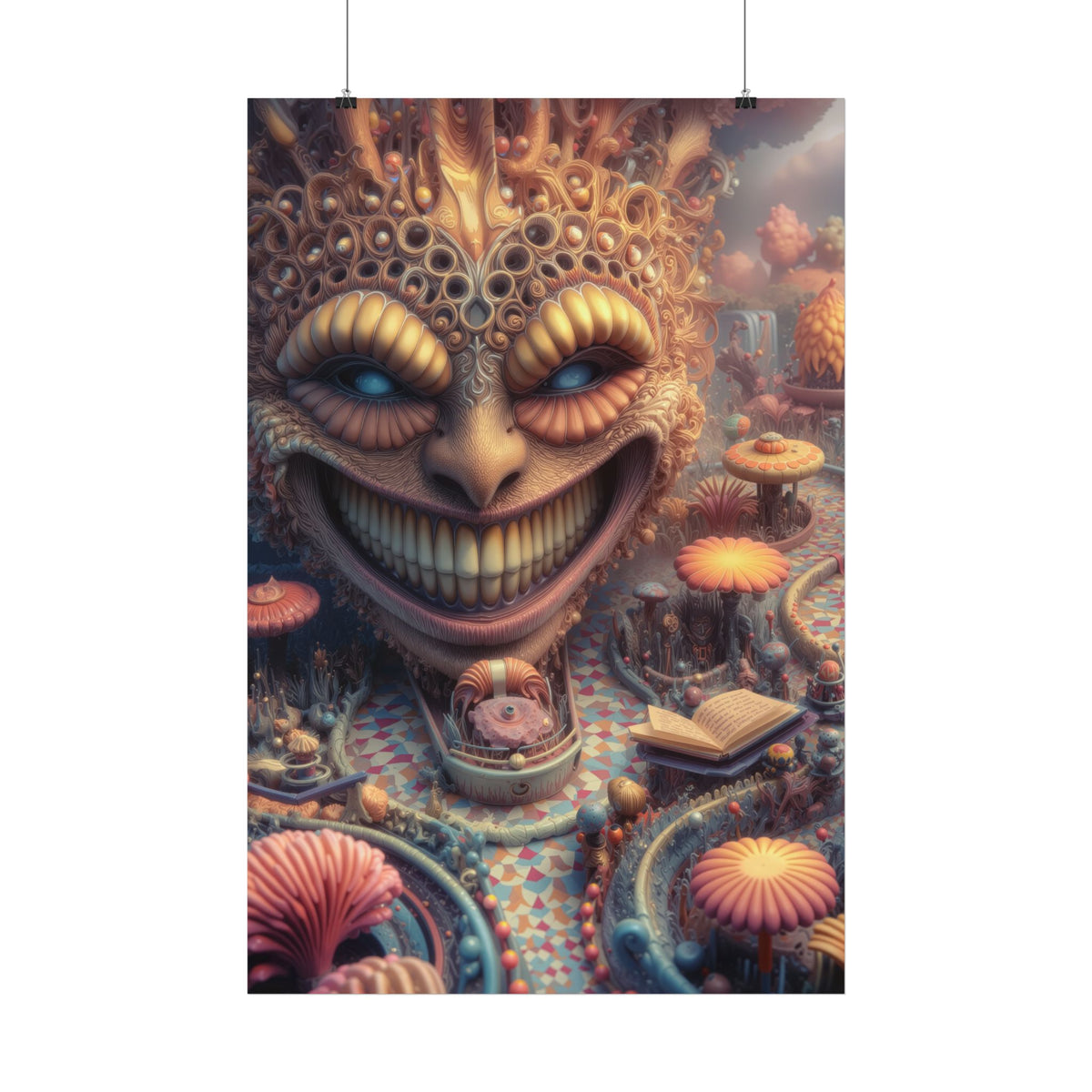 The Invitation Beneath the Grin — Satin Art Poster, 24 × 36 in — ornate grinning face above winding mosaic paths and coral garden forms