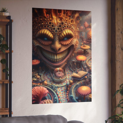 The Invitation Beneath the Grin — Large Matte Poster, 32 × 48 in — ornate grinning face above winding mosaic paths and coral garden forms