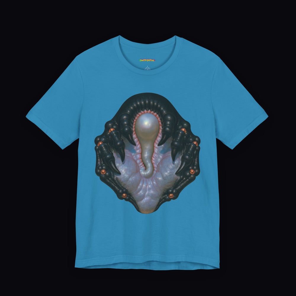 Pale luminous form inside a dark protective chamber on an Aqua DMTPORTAL T-shirt