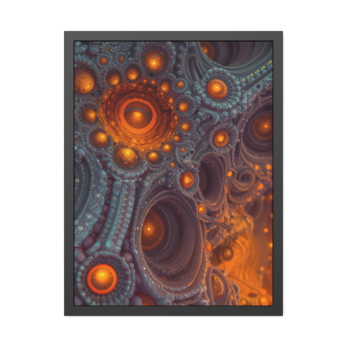 The Architecture of Inner Light — Framed Fine Art Print, 24 × 32 in — glowing amber chambers in intricate blue-gray and violet structures