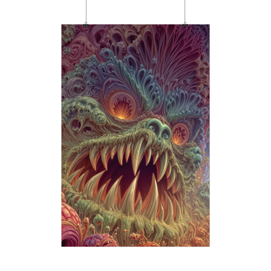 Where Fear Becomes a Passage — Satin Art Poster, 24 × 36 in — fanged creature with glowing eyes amid sage and mauve organic forms
