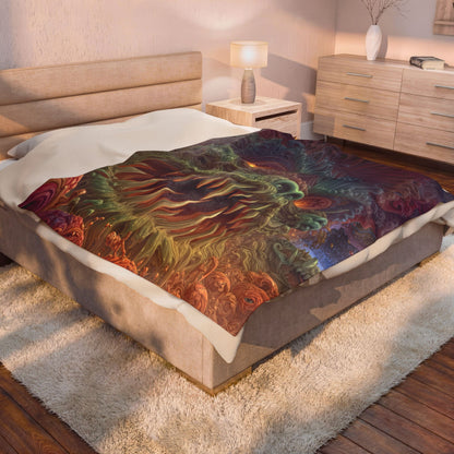 Where Fear Becomes a Passage — Velveteen Plush Blanket, 60 × 80 in — fanged creature with glowing eyes amid sage and mauve organic forms