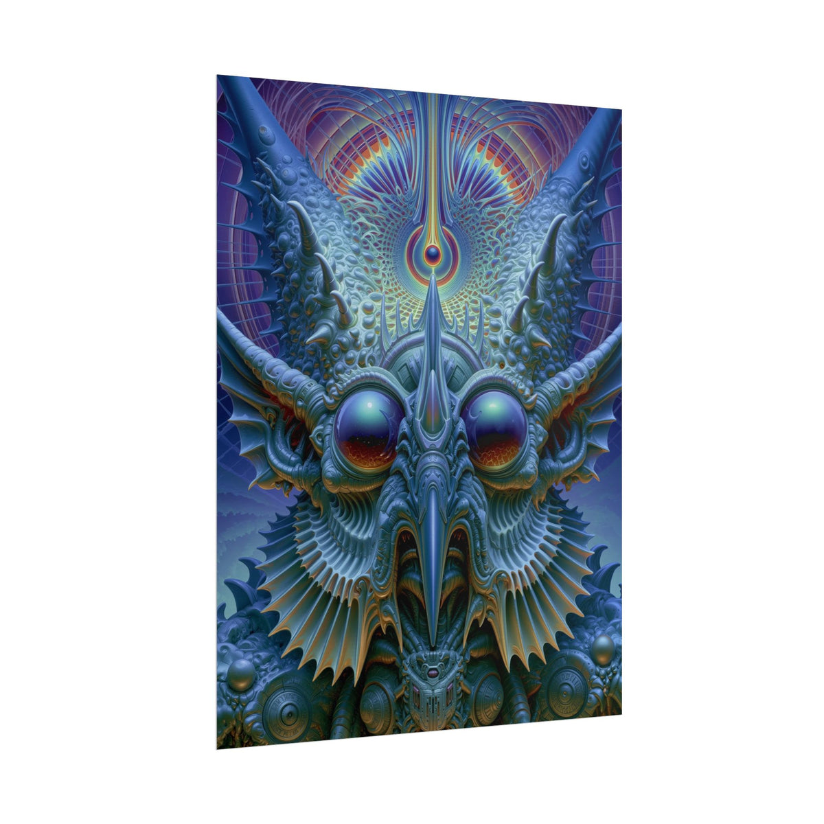 The Threshold That Refines — Rolled Art Print, 18 × 24 in — a symmetrical blue guardian with reflective eyes, pointed horns and intricate geometry