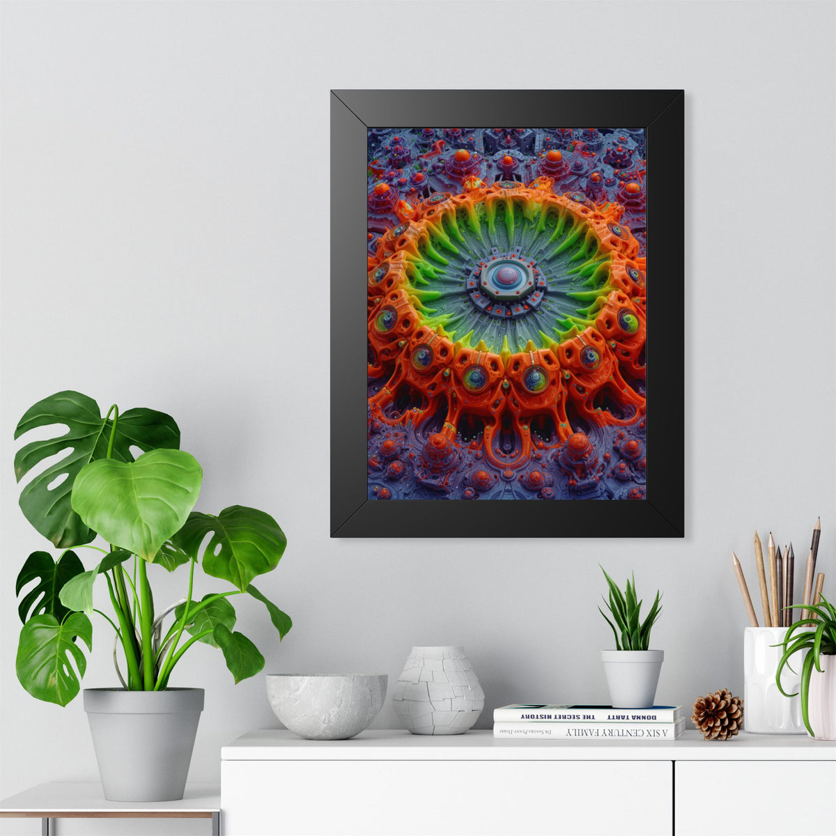 The Center Is a Choreography — Black Framed Print, 12 × 16 in — orange and lime radial machinery with a violet core