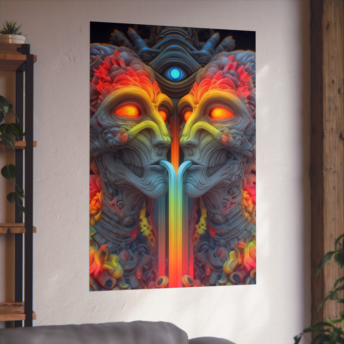 Where the Mirror Becomes a River — Large Matte Poster, 32 × 48 in — mirrored faces with glowing eyes and a shared stream of color