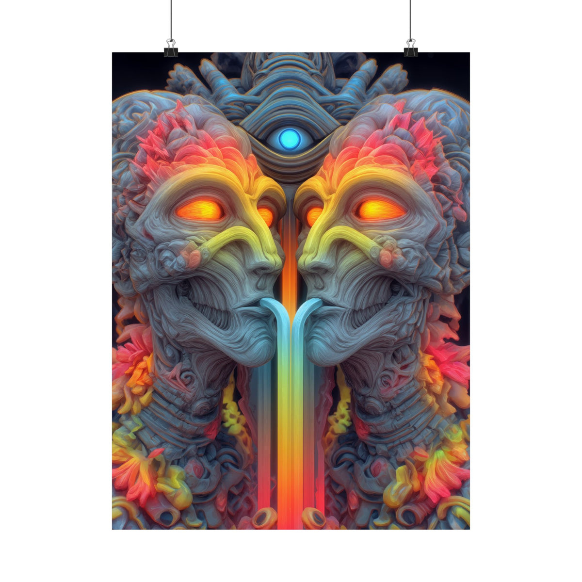 Where the Mirror Becomes a River — Matte Art Poster, 18 × 24 in — mirrored faces with glowing eyes and a shared stream of color
