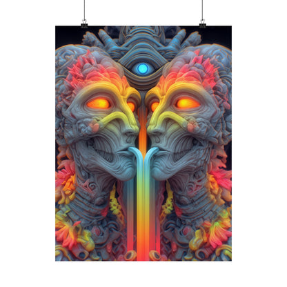Where the Mirror Becomes a River — Matte Art Poster, 18 × 24 in — mirrored faces with glowing eyes and a shared stream of color