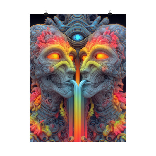 Where the Mirror Becomes a River — Matte Art Poster, 18 × 24 in — mirrored faces with glowing eyes and a shared stream of color