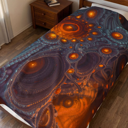 The Architecture of Inner Light — Velveteen Plush Blanket, 60 × 80 in — glowing amber chambers in intricate blue-gray and violet structures