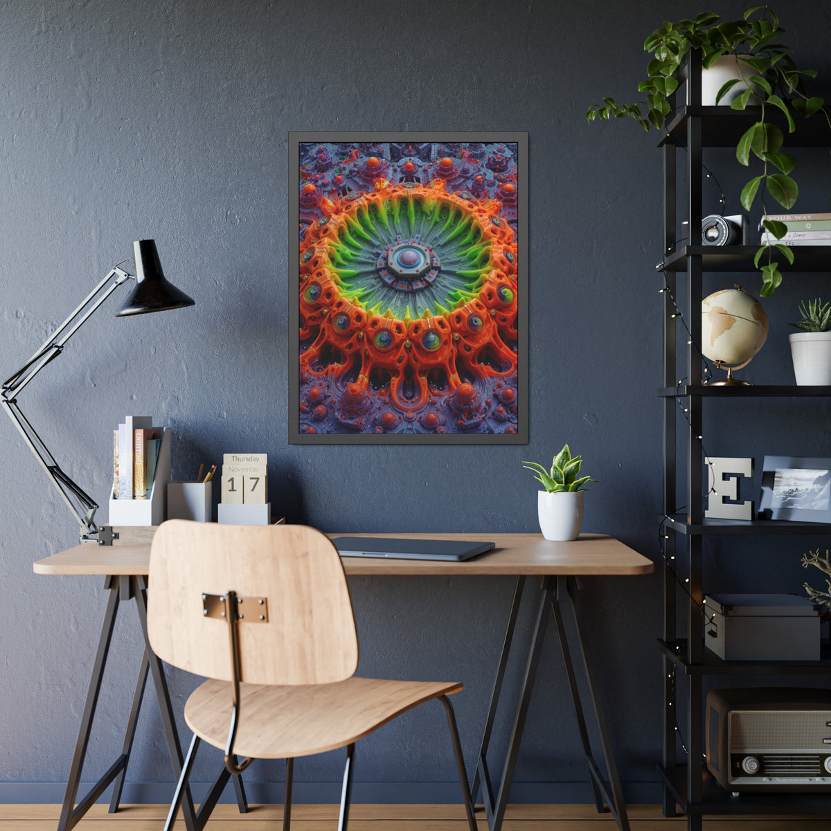 The Center Is a Choreography — Framed Fine Art Print, 24 × 32 in — orange and lime radial machinery with a violet core