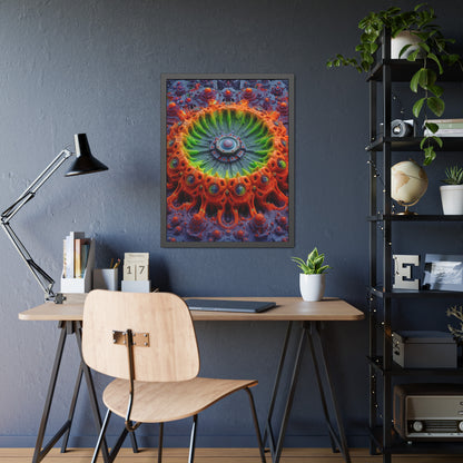 The Center Is a Choreography — Framed Fine Art Print, 24 × 32 in — orange and lime radial machinery with a violet core