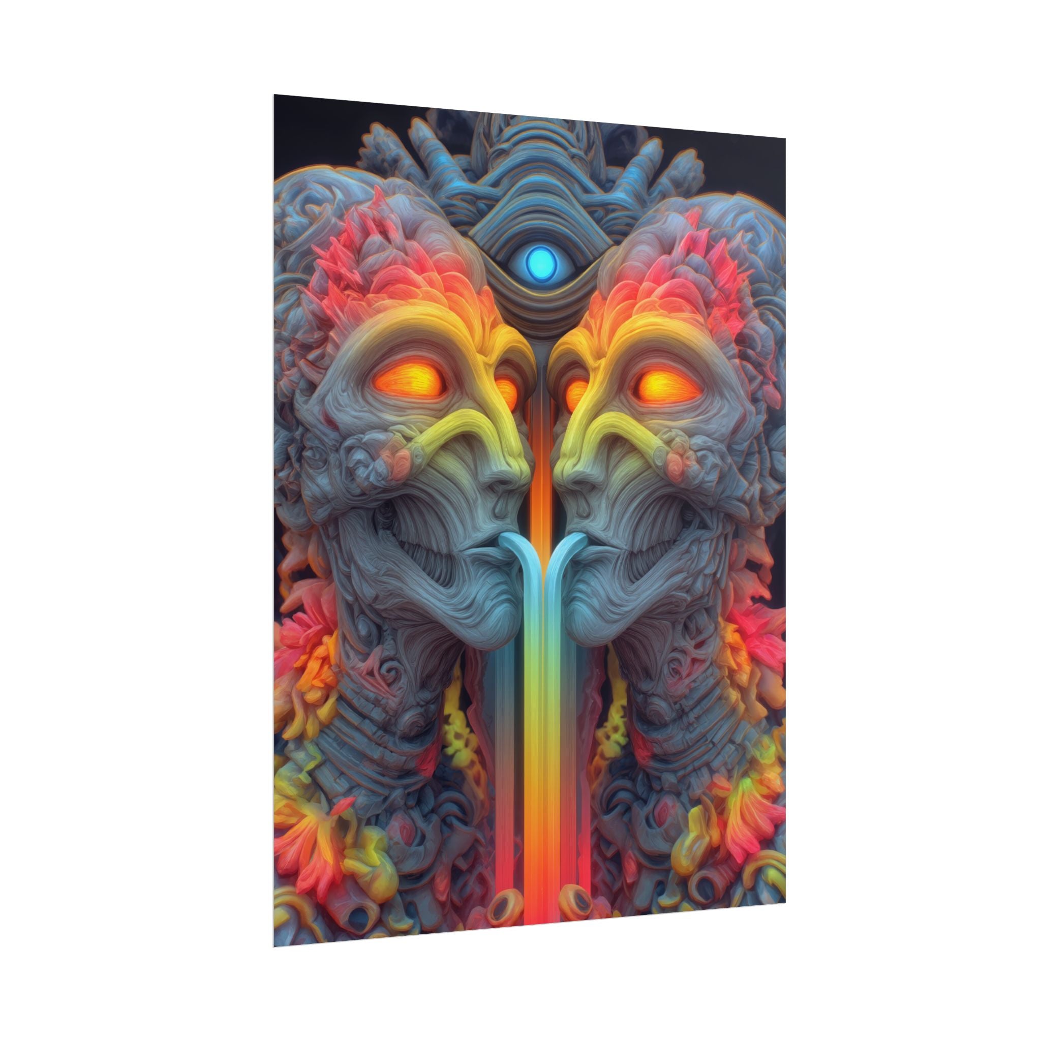 Where the Mirror Becomes a River — Rolled Art Print, 18 × 24 in — mirrored faces with glowing eyes and a shared stream of color