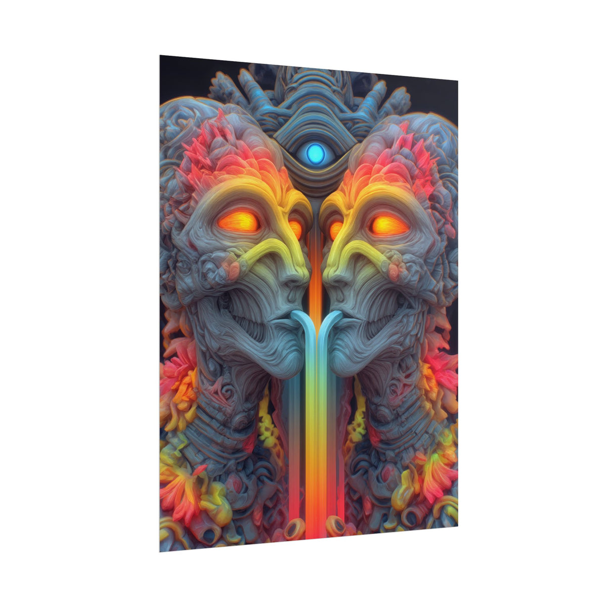 Where the Mirror Becomes a River — Rolled Art Print, 18 × 24 in — mirrored faces with glowing eyes and a shared stream of color