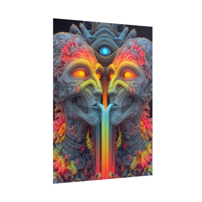 Where the Mirror Becomes a River — Rolled Art Print, 18 × 24 in — mirrored faces with glowing eyes and a shared stream of color