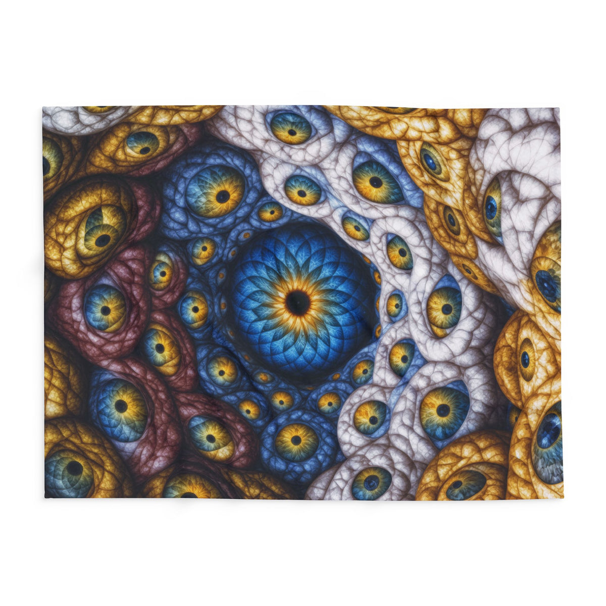 The Many Eyes of One Awareness — Arctic Fleece Blanket, 60 × 80 in — interwoven blue and gold eyes in ivory, ochre and mauve forms