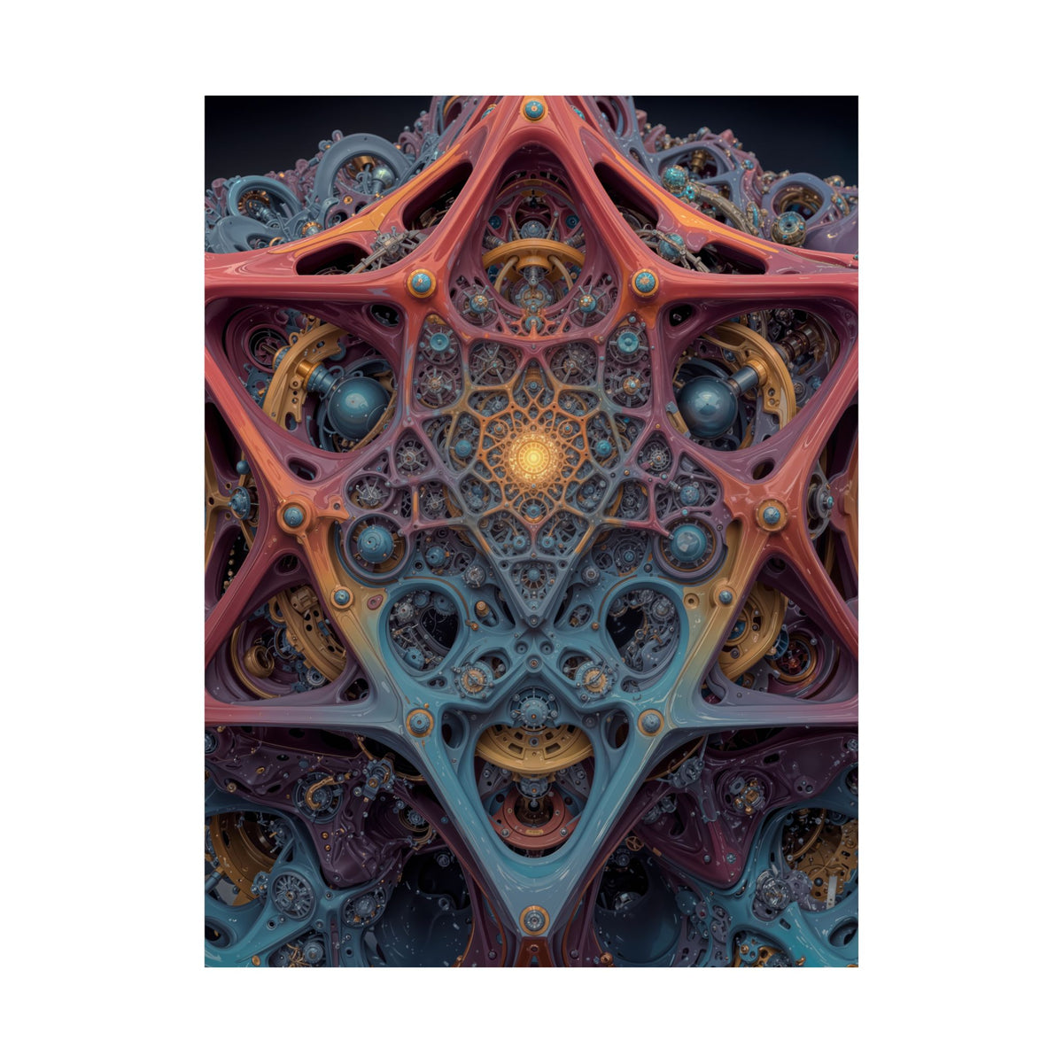 The Geometry of Surrender — Matte Art Poster, 18 × 24 in — interlocking coral and blue forms around a golden center