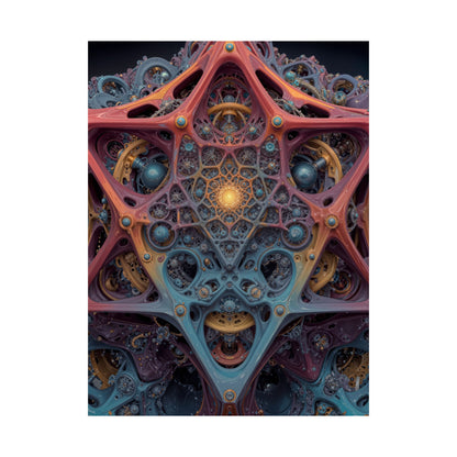 The Geometry of Surrender — Matte Art Poster, 18 × 24 in — interlocking coral and blue forms around a golden center
