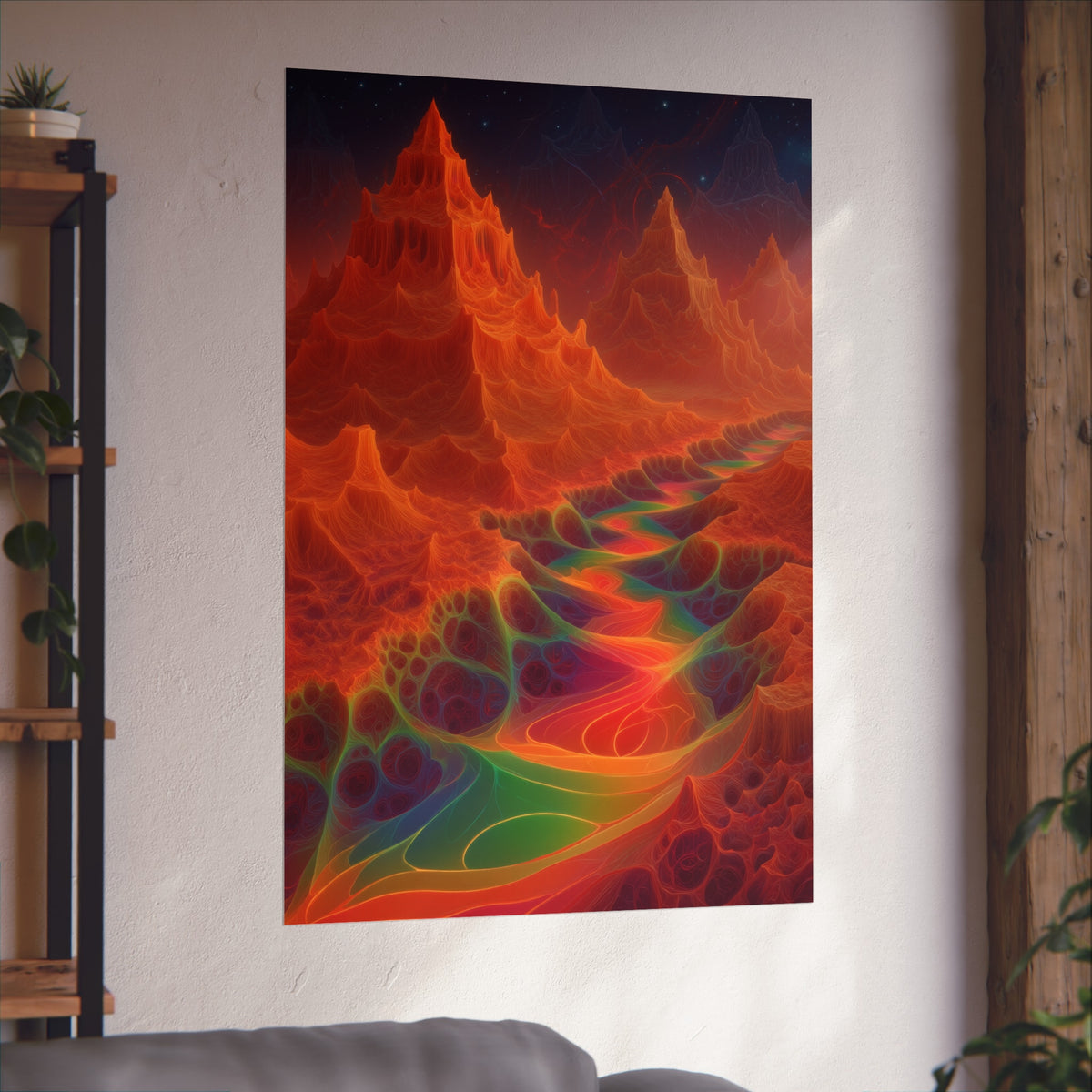 The Current Remembers large matte poster, 32 × 48 in with a luminous winding current and orange mountains beneath a starry sky